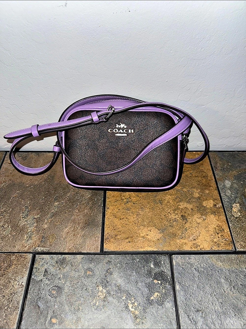 Coach Mini Jamie Camera Bag In Signature Canvas Brown & Purple